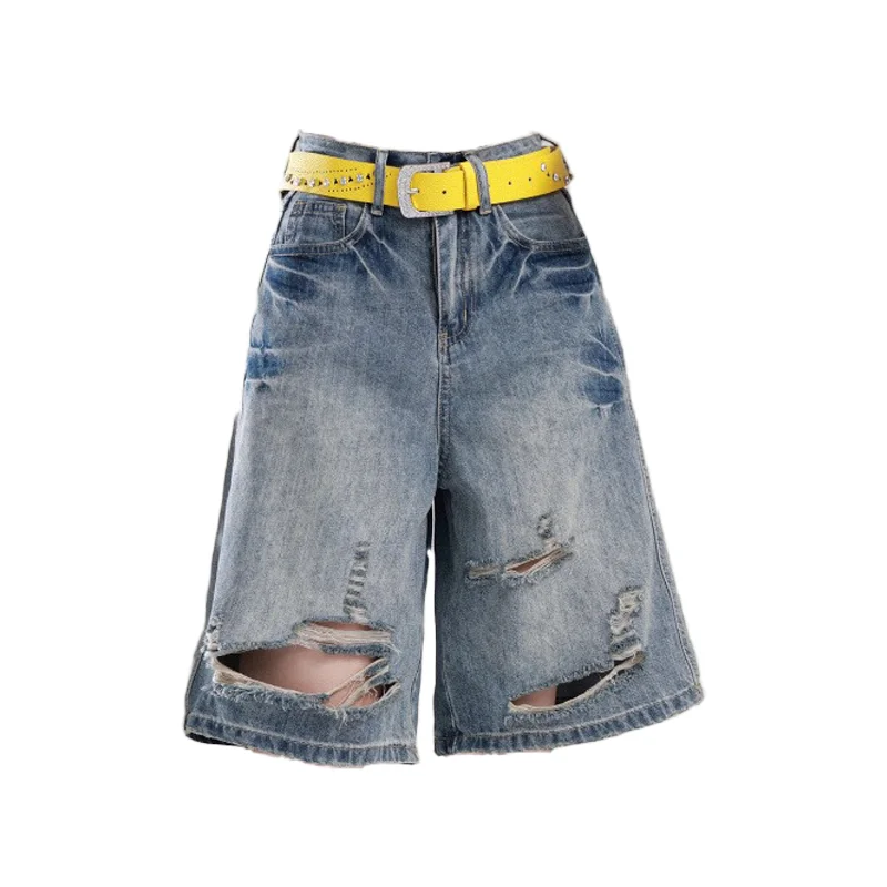 

Women's Casual Blue Ripped Denim Shorts Y2K Harajuku High Street Aesthetic Vintage Wide Leg Jeans Shorts Mid-Length Pants 2026
