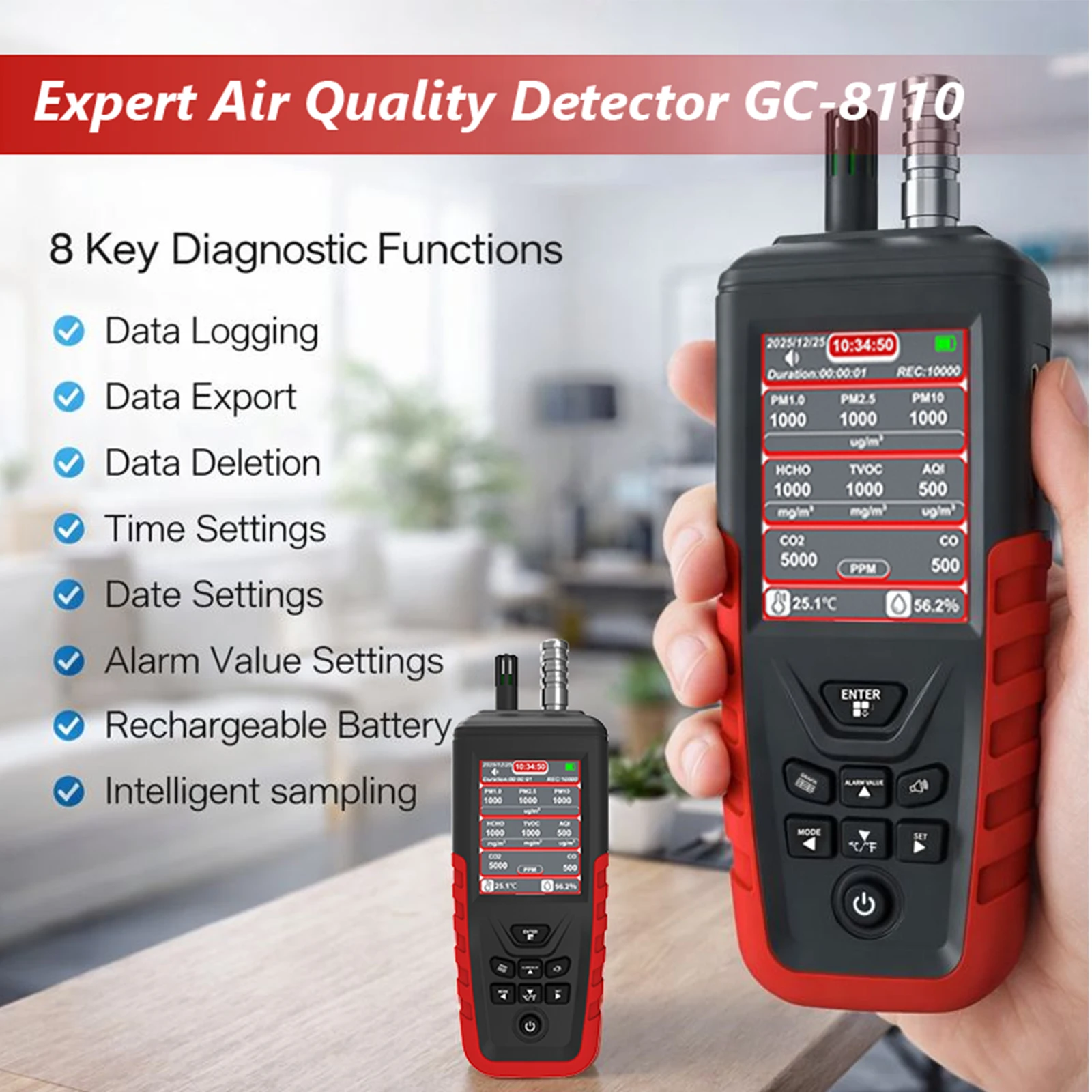 Air Quality Monitor | 8 Core Monitoring Functions, Pump-Suction Sampling with Six-Channel Particle Counting (0.3μm-10μm)