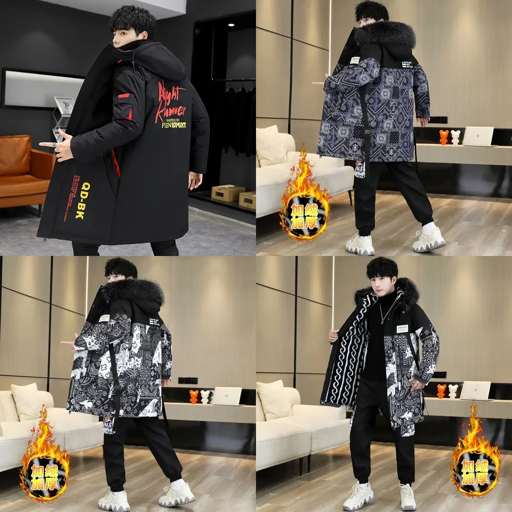 

Men's Slim Long Trench Coat Hooded Black Letter Print Streetwear Overcoat