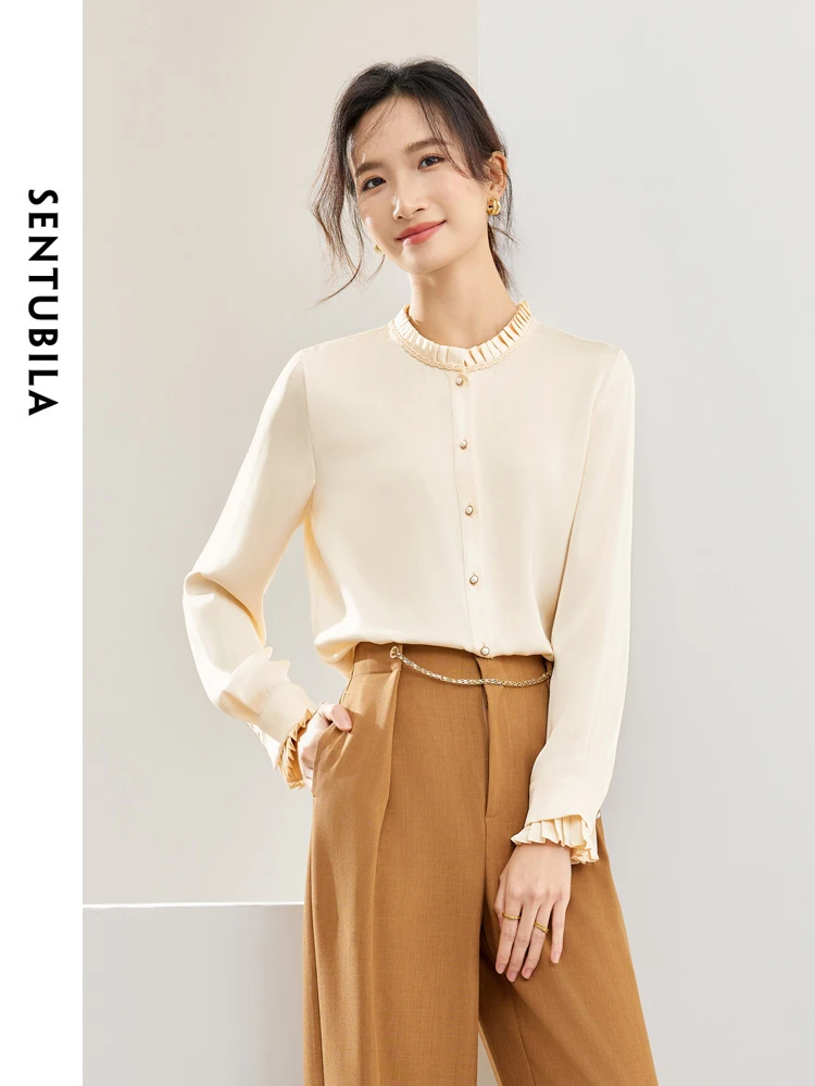 SENTUBILA Elegant Ruffled Shirt Ladies 2024 Spring Loose Button Up Simple Comfort Long Sleeve Tops Womens Clothing 141C53084