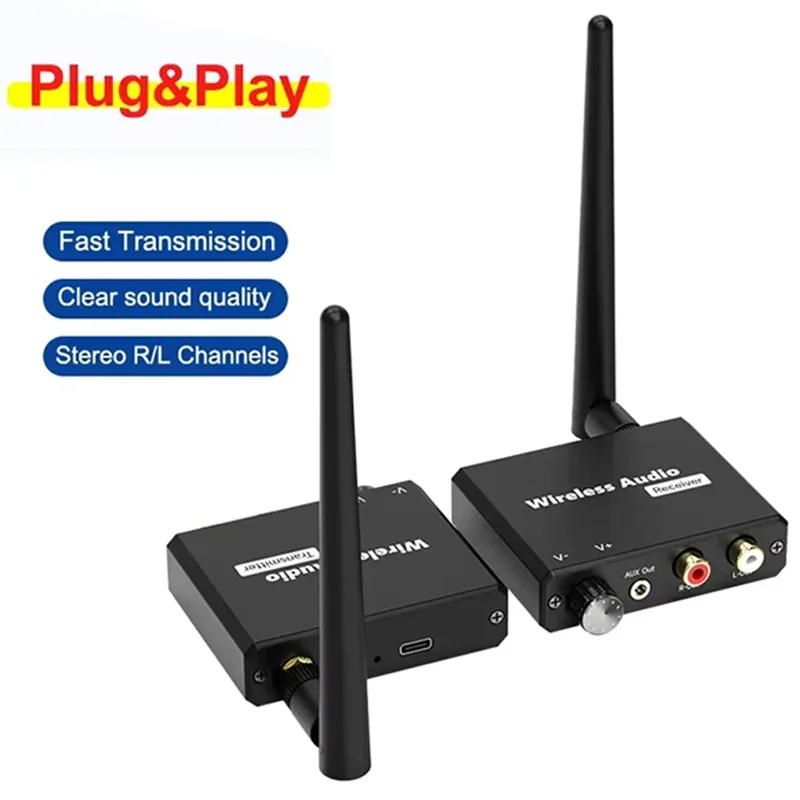 50M 2.4G Wireless Transmitter Receiver Digital to Audio Analog Converter with 3.5MM RCA Jack For Amplifier Speaker TV Box DVD PC