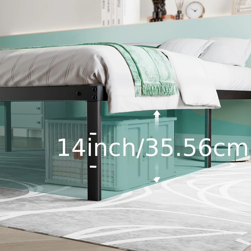 Heavy Duty 14 Inch Metal Platform Bed Frame Queen Size - No Box Spring Needed, Easy Assembly, Noise-Free Contemporary Design, All-Metal Construction, Black