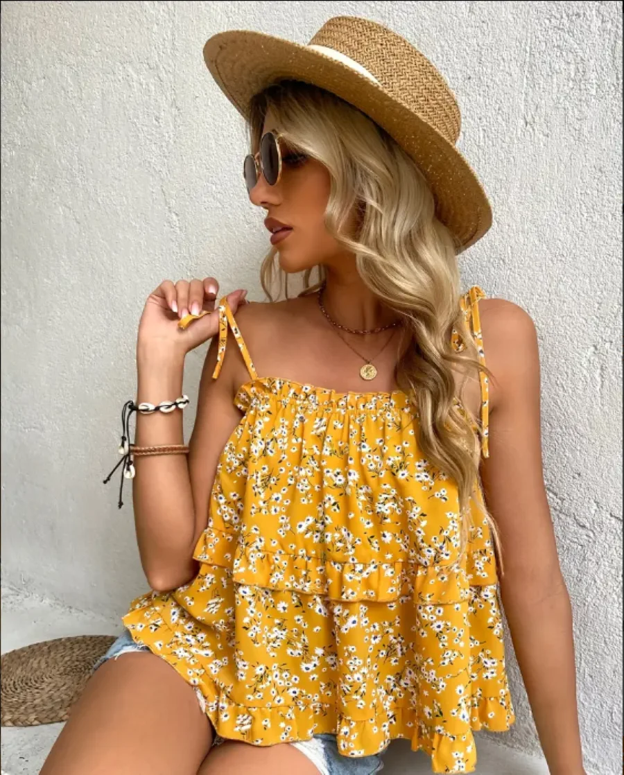 Canotta senza maniche casual ampia da donna estiva stampata con orlo a foglia di loto a doppio strato