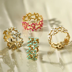 Hollow Stainless Steel Rings for Women Bohemian Dropping Oil Willow Leaf Shape Simplicity Adjustable Opening Fashion Jewelry