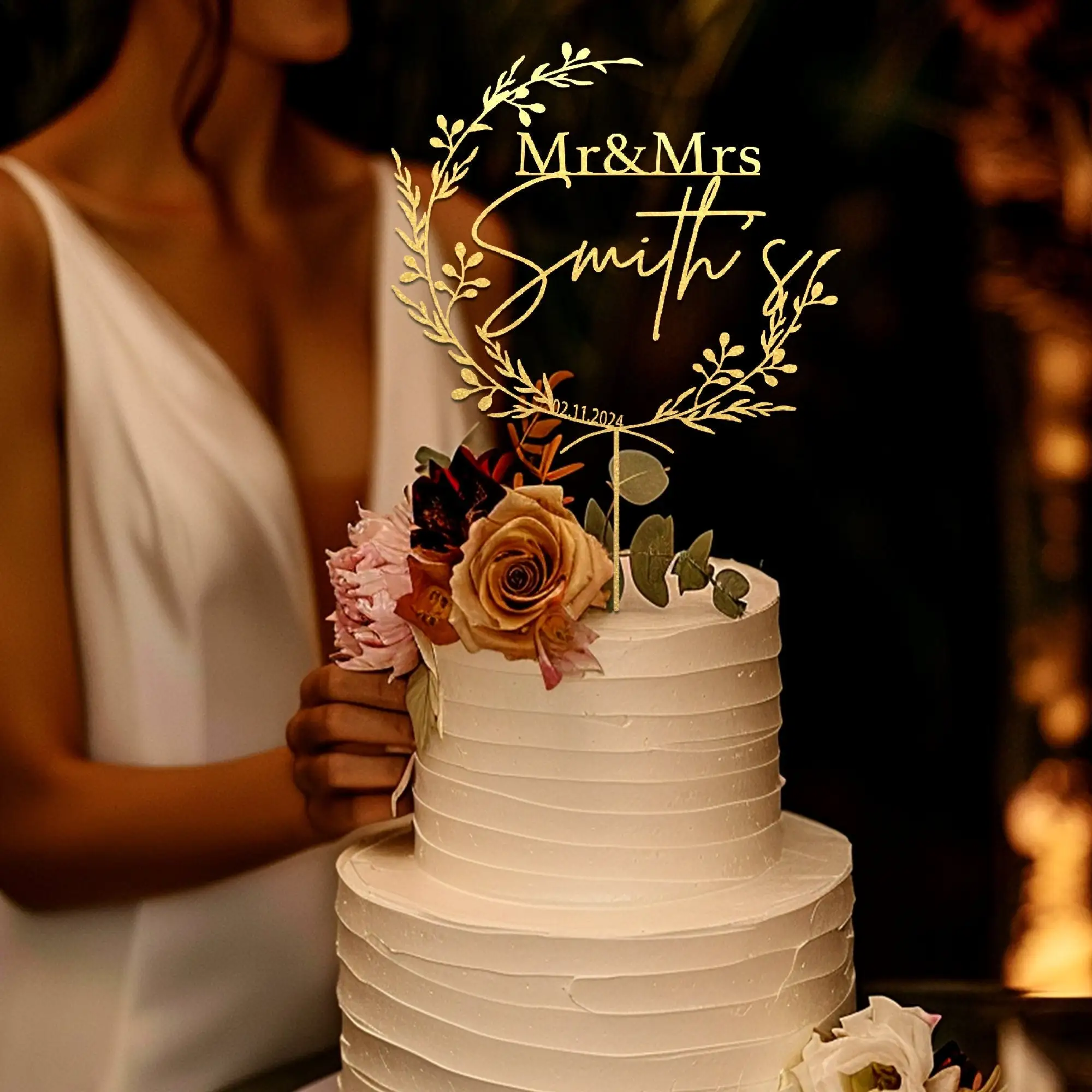 Topper per torta d'oro per matrimonio, topper per torta personalizzato, topper per torta nuziale rustica, topper per torta Mr Mrs personalizzato, torta per l'anniversario