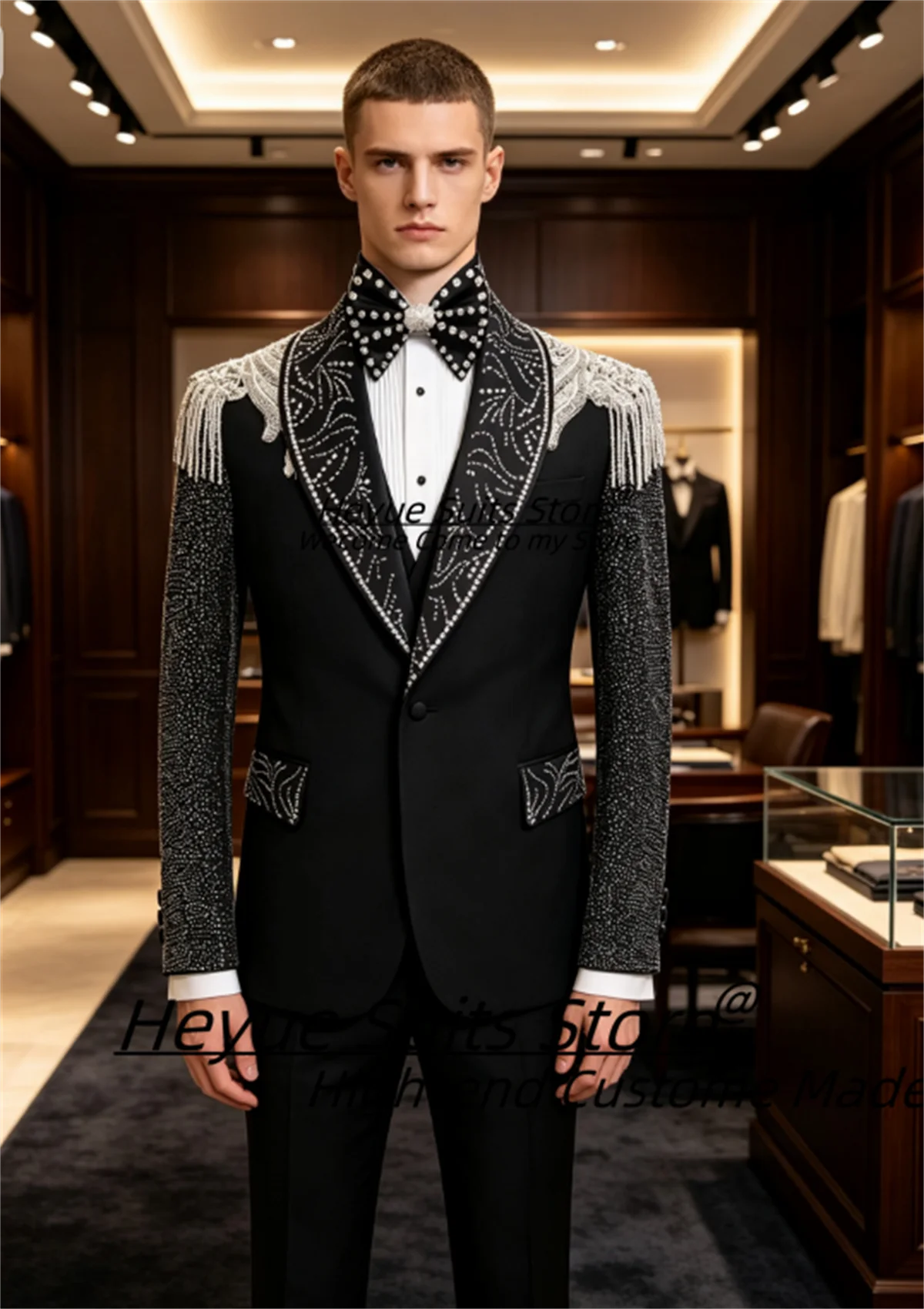 Luxurious Handmade Beaded Tassel Groom Wedding Tuxedo Customized Silver Rhinestone Embellished Men Suits 2Pcs Sets Costume Homme