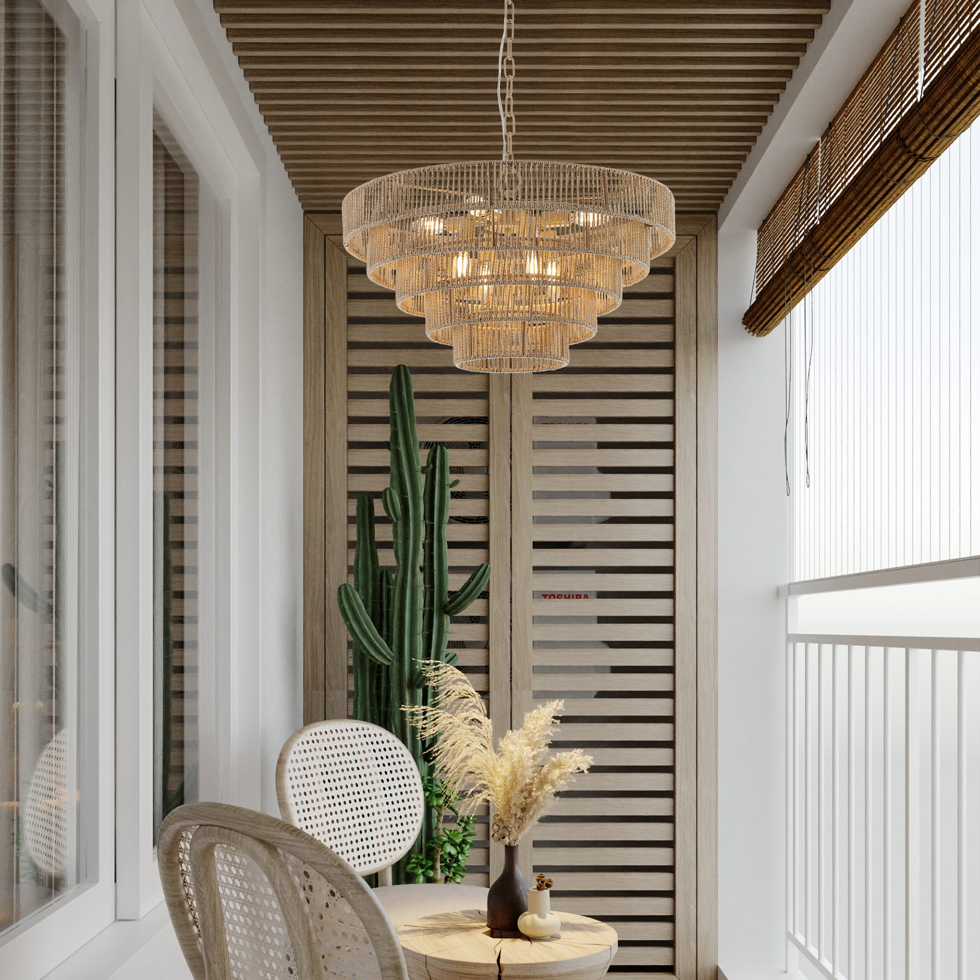 Modern 5 Tier Hand Woven Rattan Chandelier Simple Bohemian Chandelier For Living Room Dining Room Bedroom Kitchen Island