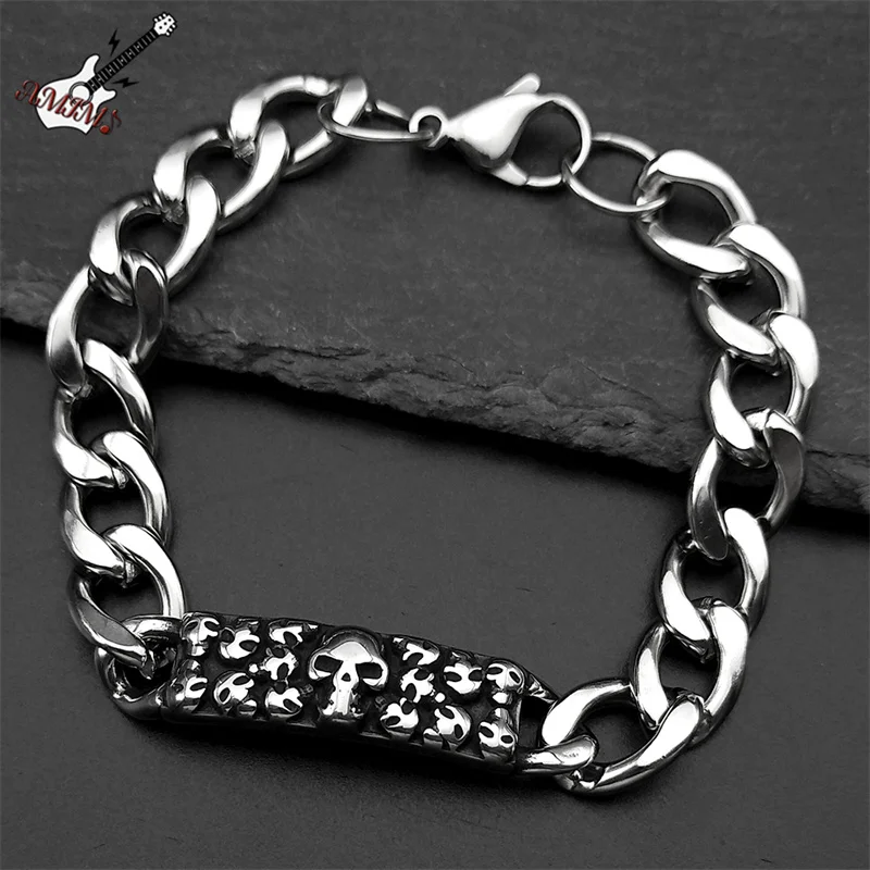 

Hiphop Gothic Skeleton Bracelet For Men Male Stainless Steel Black Skull Ghost Head Cuban Hand Chain Jewelry Halloween Gift