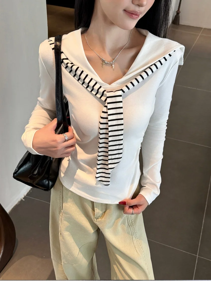 

Alien Kitty Grey Stripes Women T-Shirts Casual Autumn Fake Two Piece Sets Loose Daily Minimalist Full Sleeve Slim New Tees