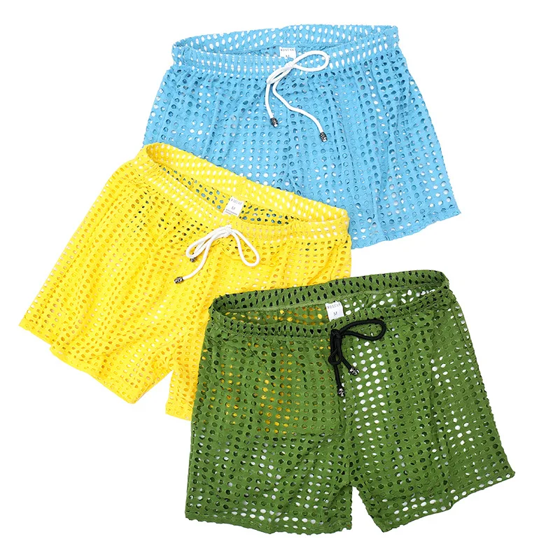 Men's Mesh Hollow Boxers Shorts Fashion Loose Sexy Breathable Quick Dry Underwear Beach Swimwear Transparent Nets Board Shorts