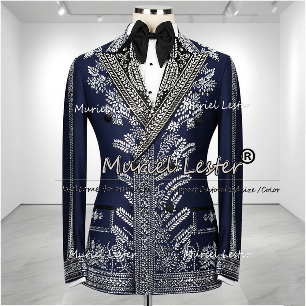 

Exclusive Jewelry Stones Suits Men 2 Pieces Sets Double Breasted Groom Blazers Customized Man Outfits Wedding Tuxedos Slim Fit