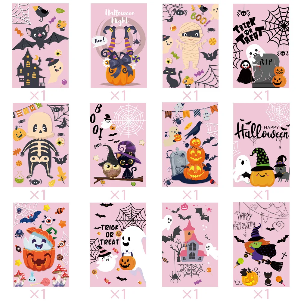 12Pcs Halloween Pink Handwritten Single sided Paper Postcard Party Invitation Decoration Supplies