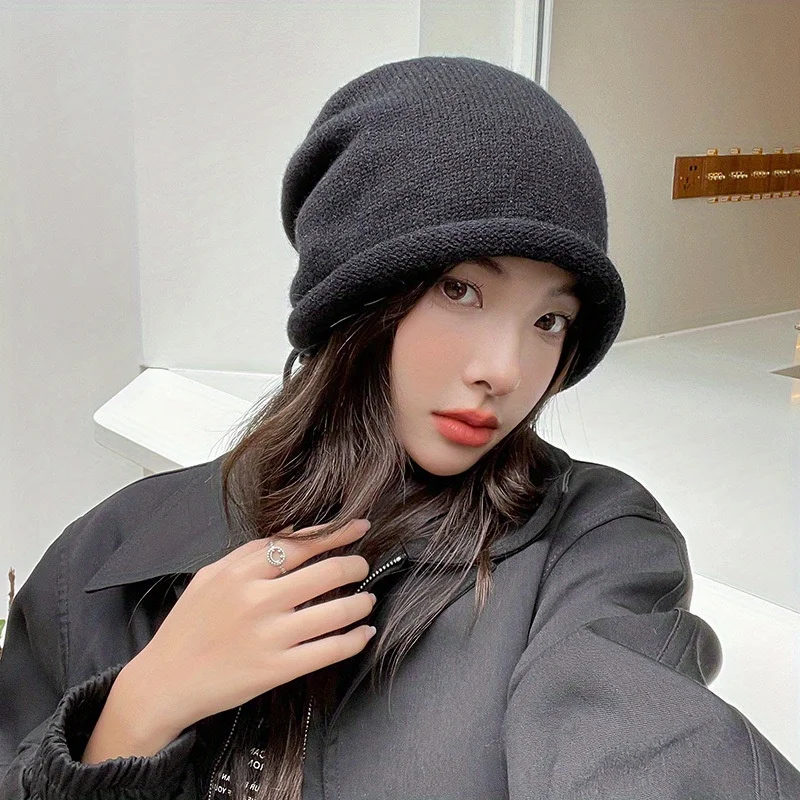 

Slouchy Beanie for Women Winter Knitted Hat with Drawstring Large Size Fit Fashion Roll Brim Cuffed Cap Face Slimming Warm