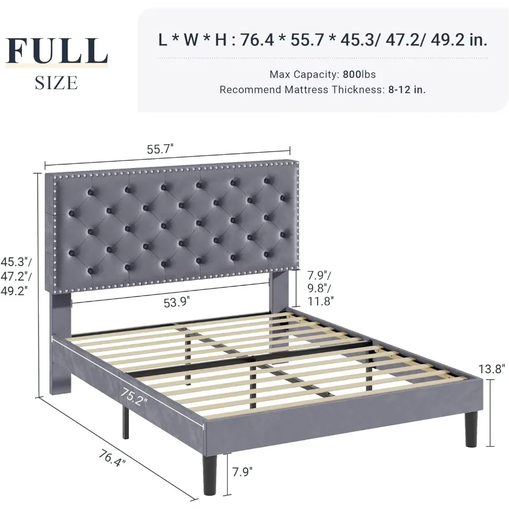 Full Bed Frame Light Grey Mattresses Wood Slat Support Card Holder Luxury Wallet Easy Assembly No Box Spring Needed Headboards