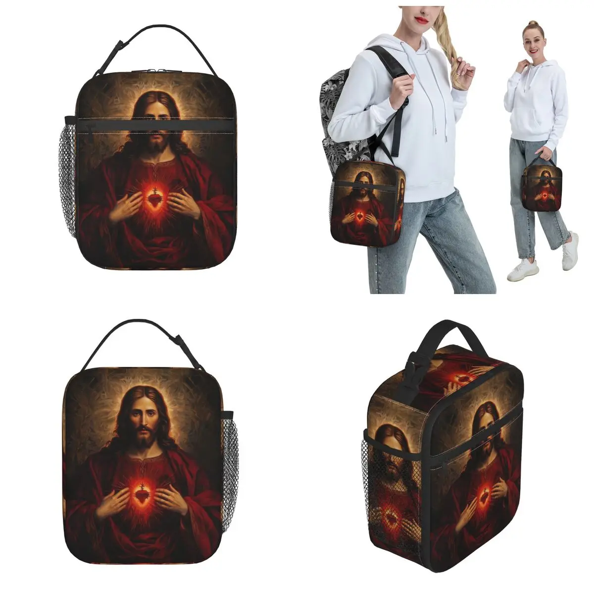 Bolsa de almacenamiento de comida con aislamiento para la oficina, bolso de mano con accesorios de la fe de Jesús, el cristiano católico, la Biblia y el Santo