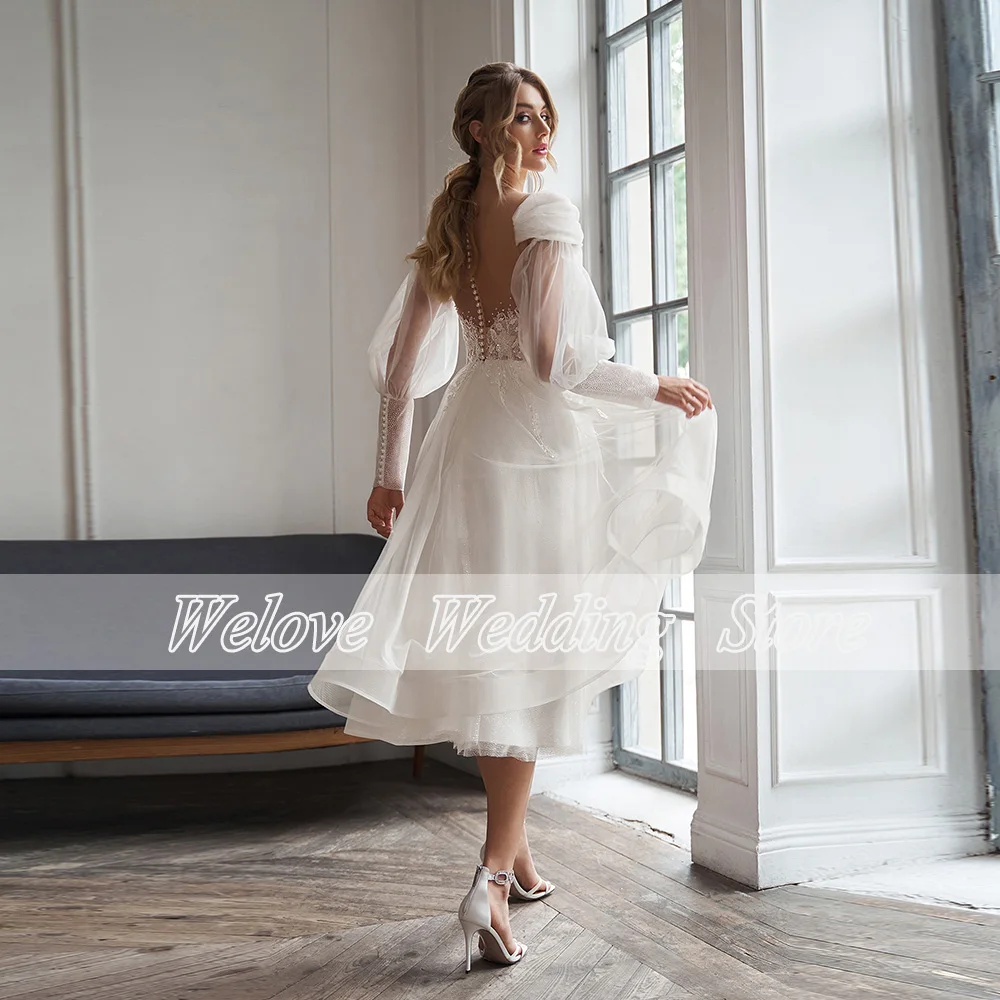 Modern Tulle Tea Length White Engagement Party Wedding Dress For Bride With Sleeve V Neck Sheer Button Back A Line Свадебное