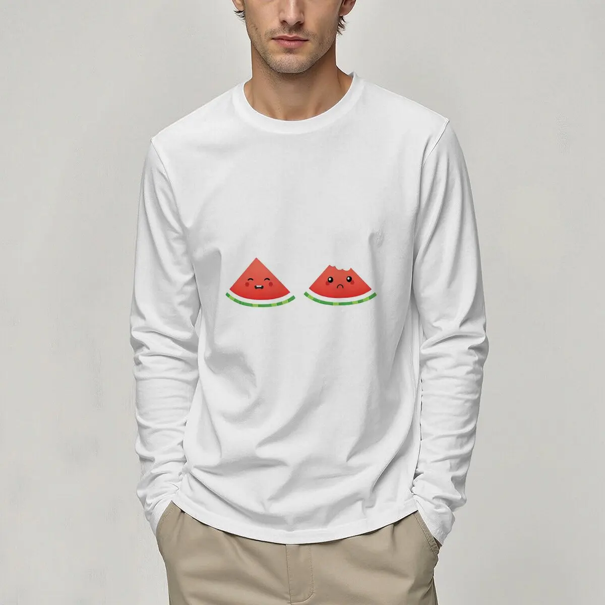 Einfaches Herren-T-Shirt mit langen Ärmeln und Rundhalsausschnitt mit Cartoon-Wassermelonen-Print, ein neuer Stil für Frühling und Herbst, vielseitiges Oberteil