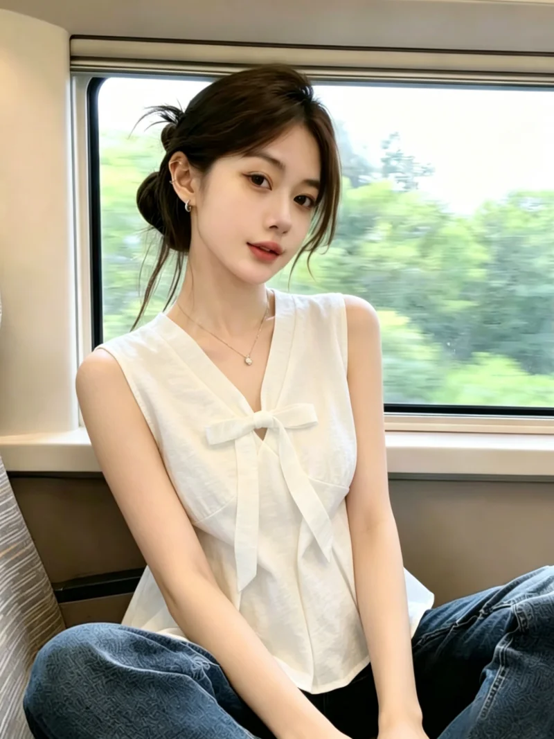 

Sweet Style Knot V-Neck Blouse Women's Summer New Unique Beautiful Sleeveless Top Self-Keeping Style Korean Version...