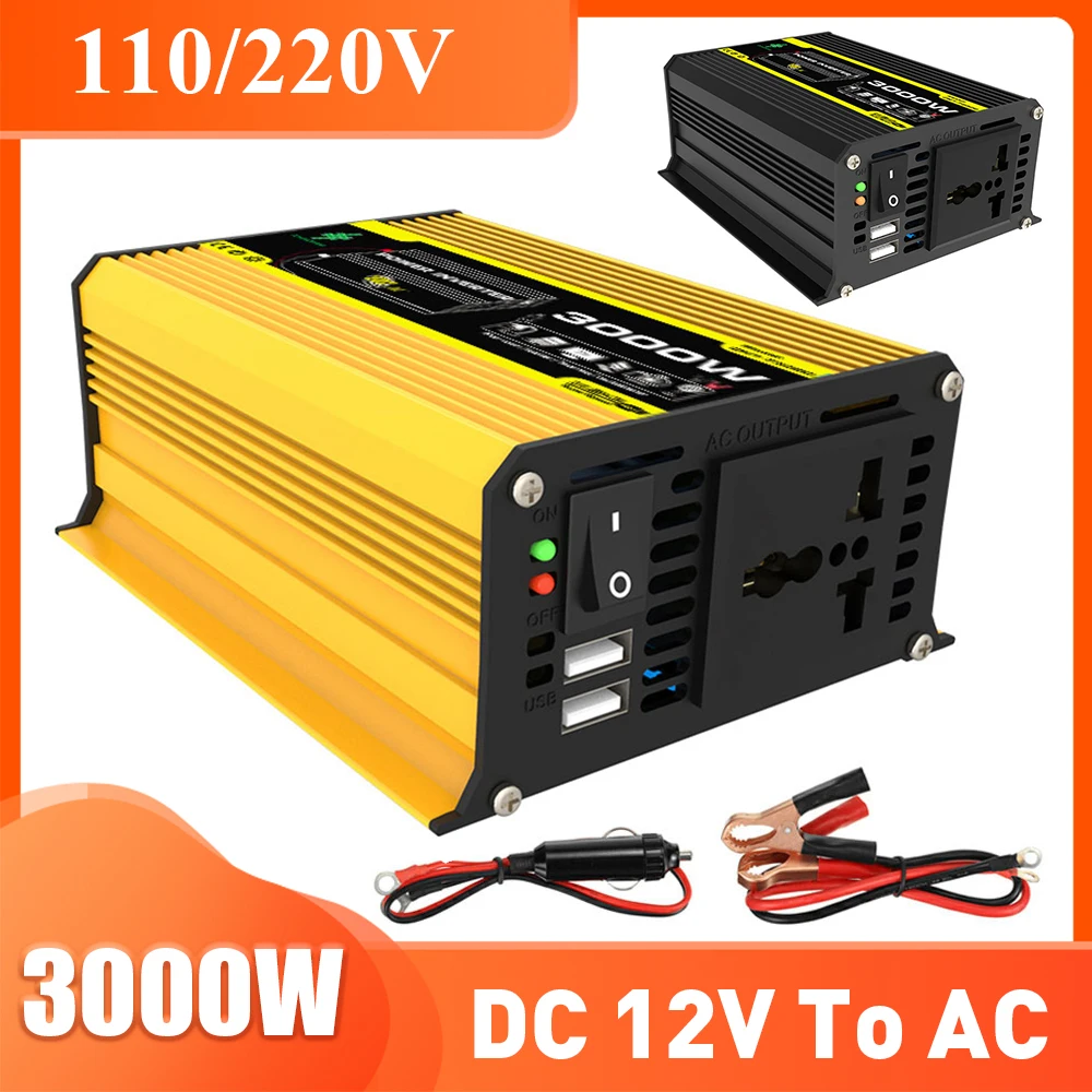 DC 12V To AC 110/220V 3000W Power Inverter LCD Display Dual USB Sine Wave Converter Fast Charging for Phone Laptops Car