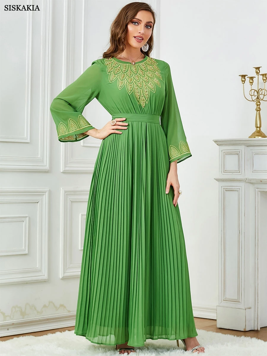 Siskakia Fashion Kaftan Abaya Dubai Islam Muslim Embroidery Crimping O-neck A-Line Long-sleeved Dresses With Belt Robe Jalabiya