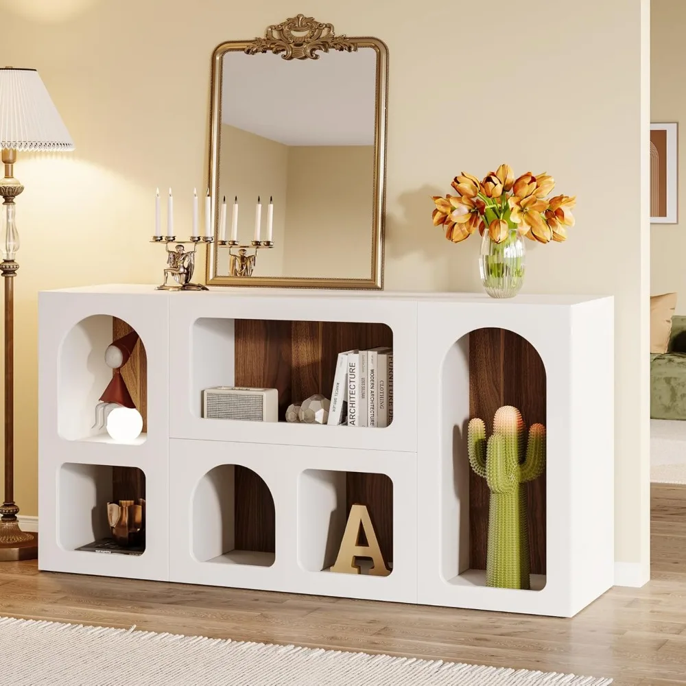 59 White Console Table, Modern Entryway Table, Wooden Storage Organizer Entrance Table with 6 Compartments, Long Sofa