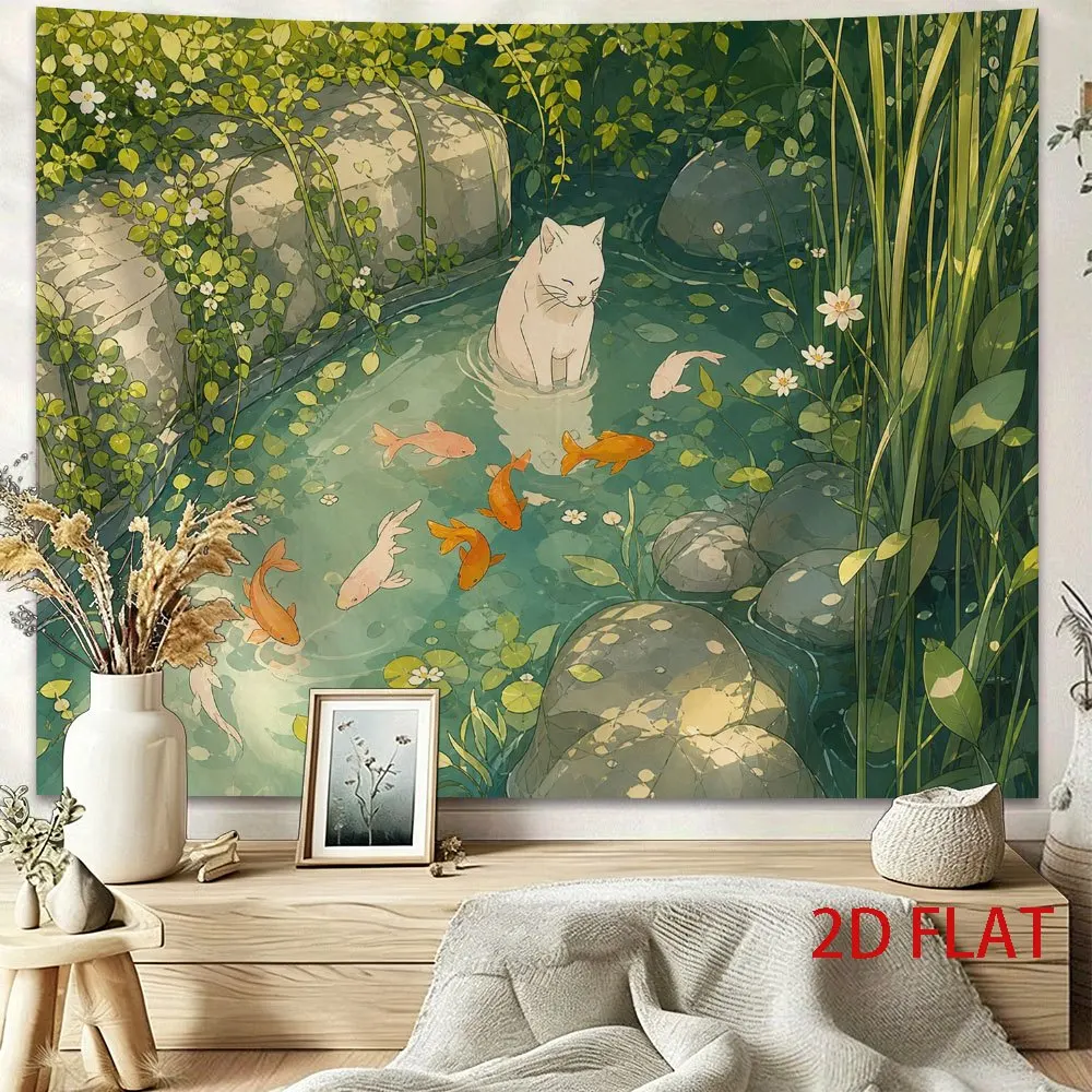 Whimsical Cat Pond Scene Tapestry Greenery Koi Fish Bathroom Wall Decor Art Print