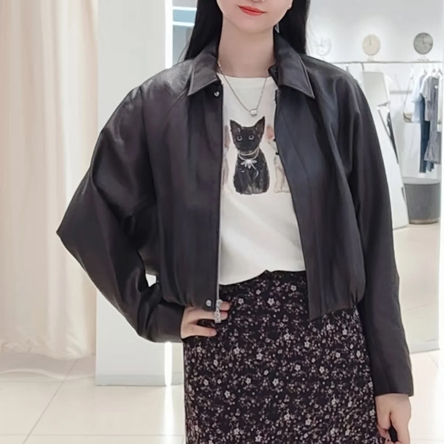 Cappotto lungo da donna retrò Sle in pelle Sve ort Jaet Autumn Faion Ele Cool Sweet Sle casual taglio dritto