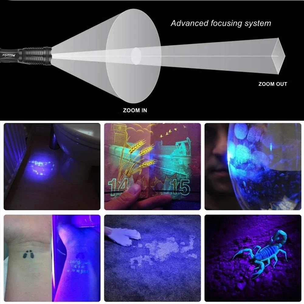 2in1 LED UV Flashlight Ultraviolet 395nm Zoom Flashlight Lantern Ultraviolet Curing Cat  Pet Scorpion Money Check Lighting Lamp