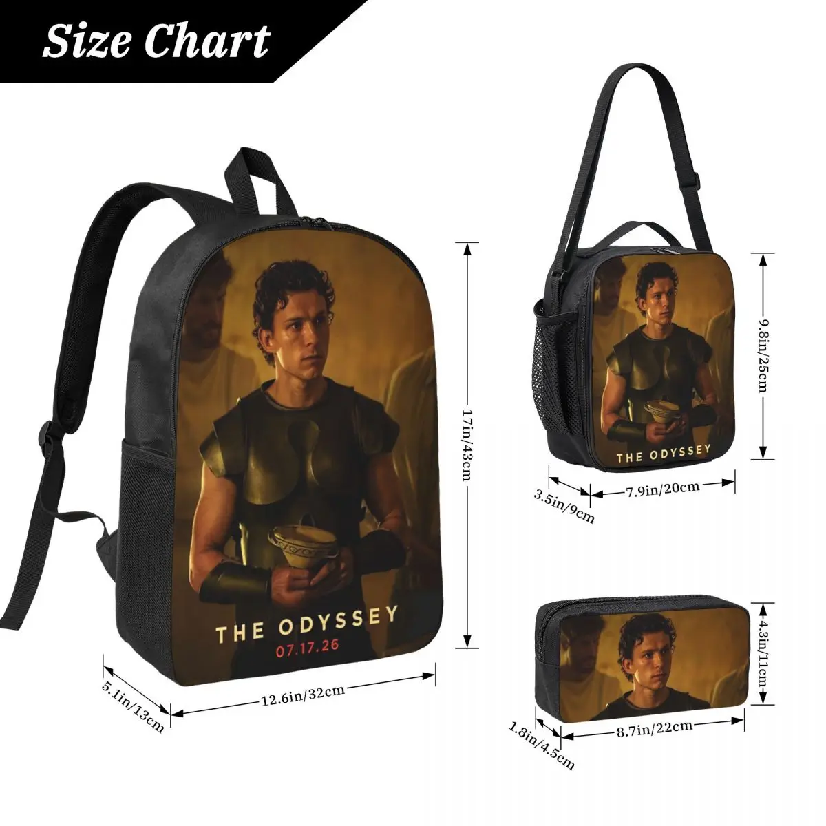 3Pcs The Odysseys Movie 2026 School bags Set for Kids Pen Bags Backpack Sets with Lunch Box For Primary School Students Daypack