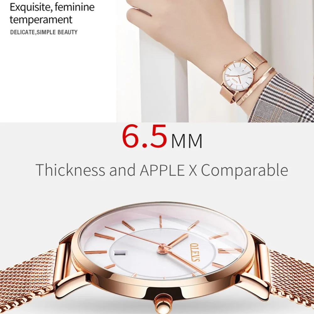 OLEVS Women\'s Watches Waterproof Stainless Steel Mesh Belt Ladies Watch Quartz Ultrathin Wristwatch Fashion Quartz Ladies Watch