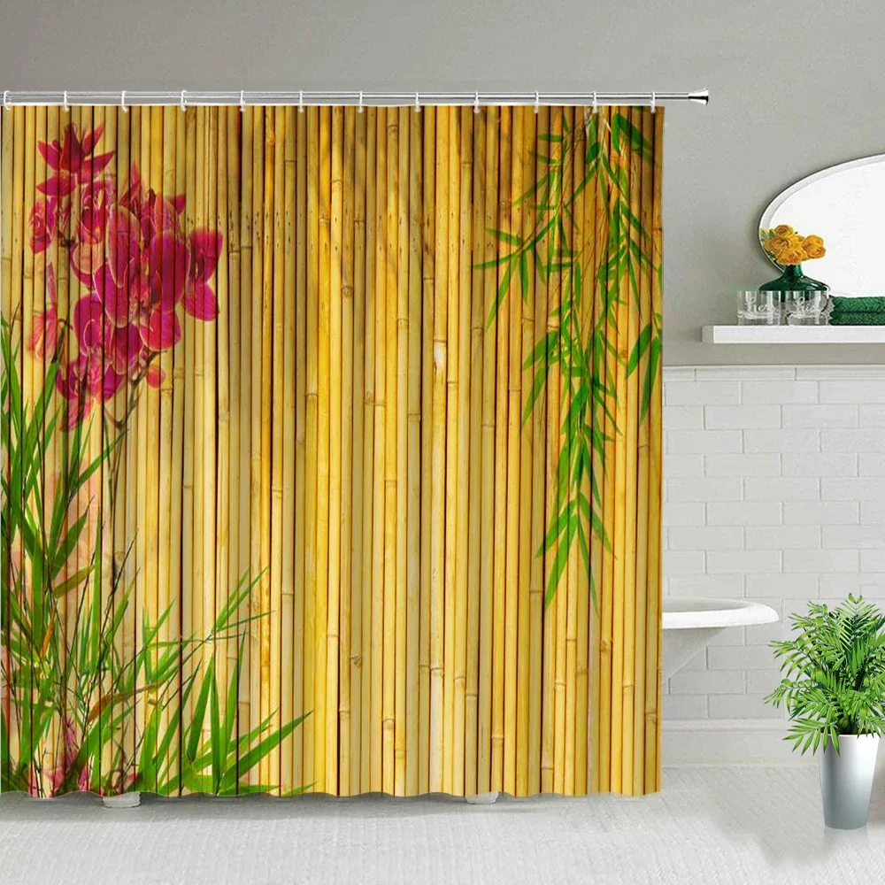 Green Bamboo Shower Curtain Wooden Doors Landscape Bath Accessories Polyester Fabric Cloth Screen Home Bathroom Decor With Hooks