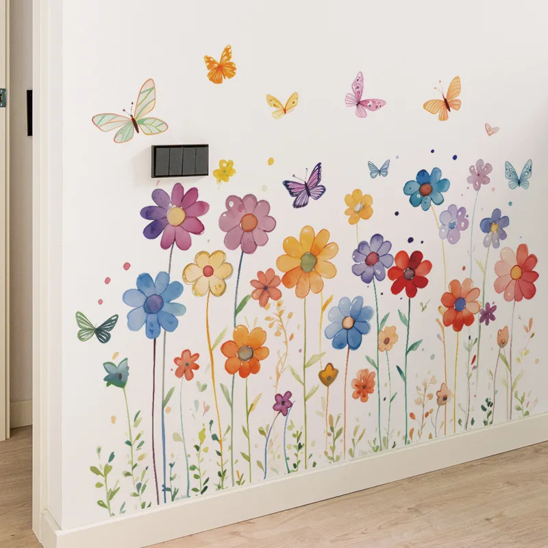 Cartoon Watercolor Flower Butterfly Wall Sticker For Living Room Background Decoration Mural Bedroom