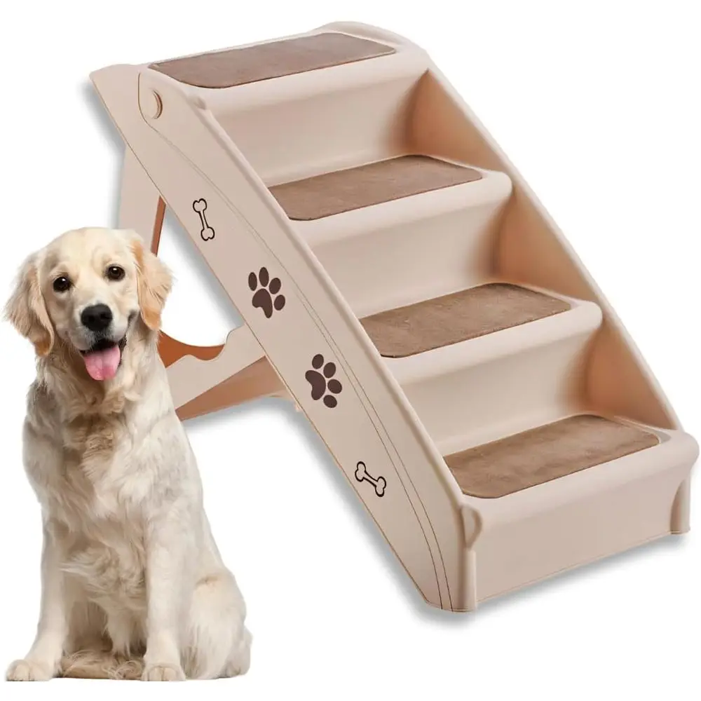 

4-Step Plastic Pet Stairs with Non-Slip Surface and Side Rail for Small to Medium Dogs and Cats, Supports Up to 150 lbs (Brown)
