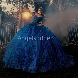 Angelsbride Sparkly Royal Blue Ball Gown Quinceanera Dresses Vestidos De 15 Quinceañera 3D Appliques Princess Girl Party Dress