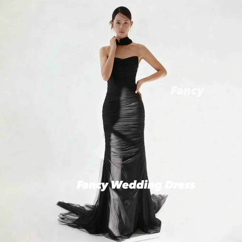 Abiti da sera fantasia a sirena nera Servizio fotografico di matrimonio coreano Abiti da ballo in tulle morbido Corsetto sul retro Festa serale lunga personalizzata