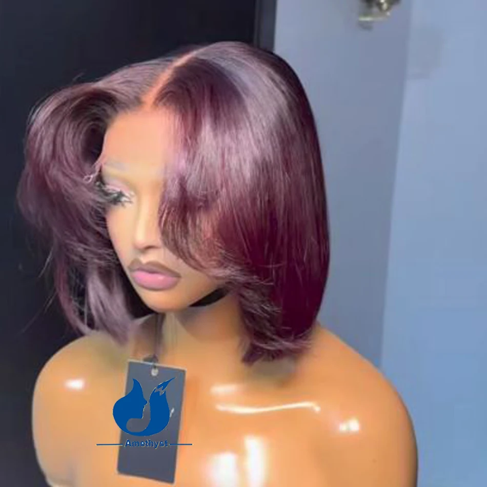 

Аметист 99J Красный Короткий Парик Боб Многослойный Бразильский Реми Человеческие Волосы 13x6 Парик Фронта Шнурка Предварительно Сорванный Для Женщин Предварительно Стилизованный Прямой