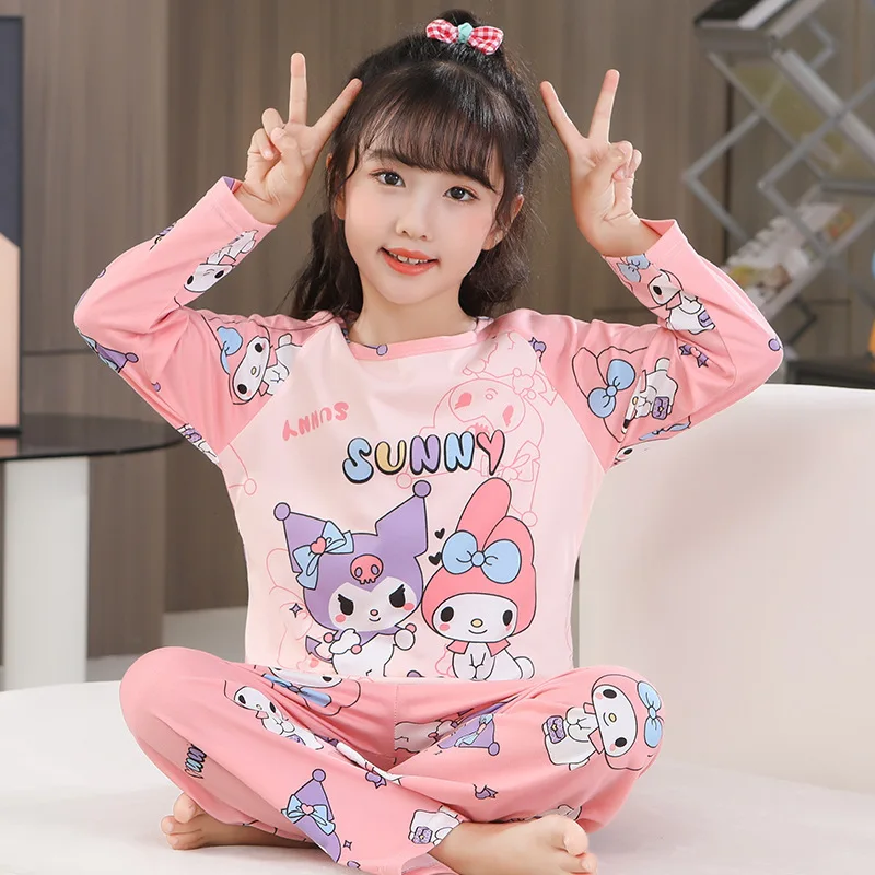 Kawaii Sanrio Anime Kuromi Children's Pajamas Set Girls Sleepwear Cinnamoroll Melody Autumn Long Sleeved Home Clothes Suit Gifts