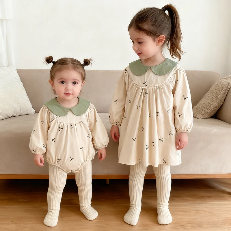 

2026 New Spring 0-24M Baby Girl Cotton Party Romper 2-6Y Kids Princess Dress Long Sleeved Embroidery Girl Dress Sister Dress