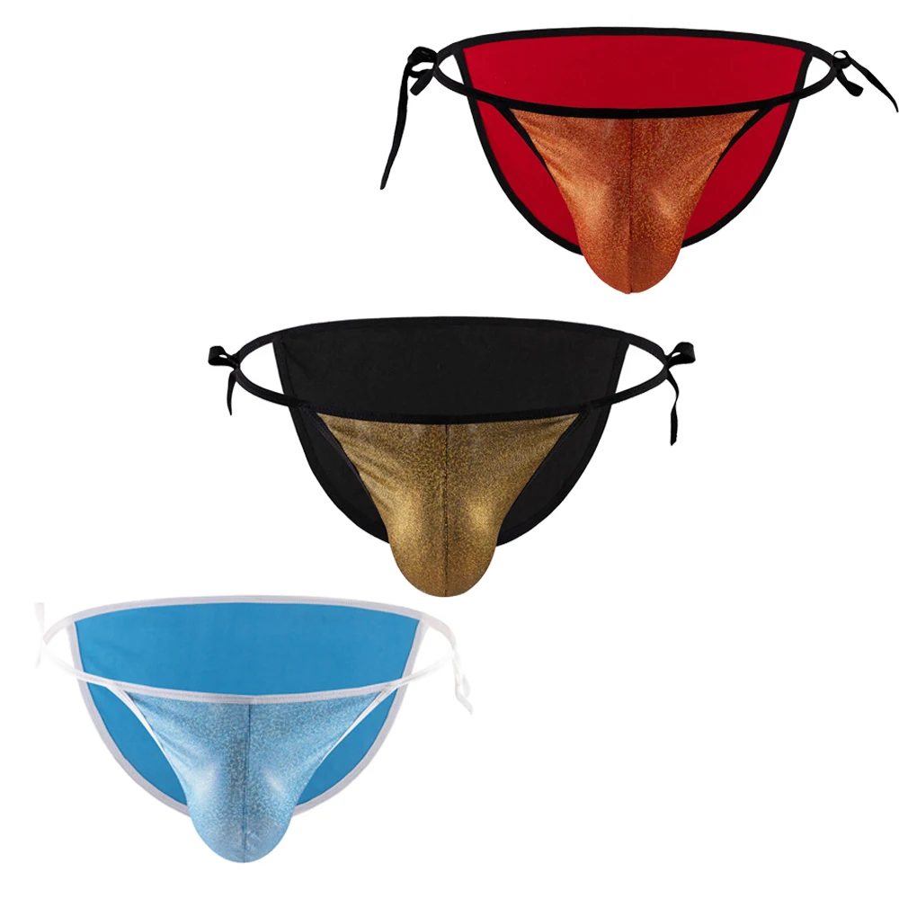 

3PCS Waist Strap Style Shiny Men's Low Waist Triangle Underwear Sexy Raised Bag Gay Briefs Side Thin Suspender Bikini Underpants