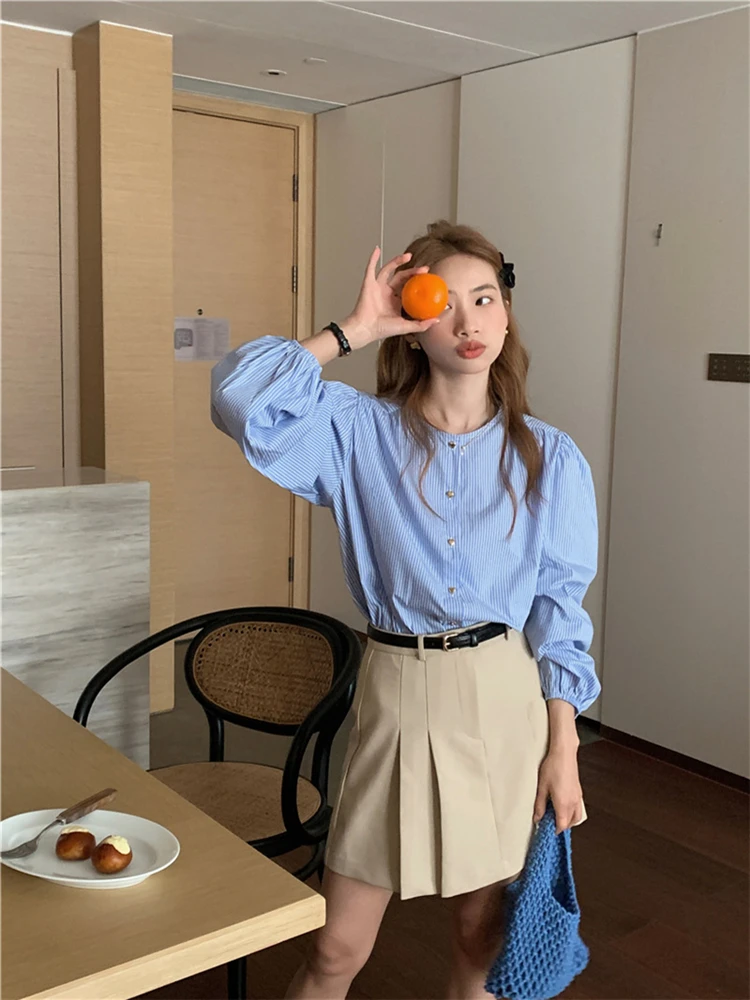 BL9961 New 2024 Korean Fashion Office Lady Puff Sleeve Striped Chic Oversized Women Blouses Shirts Vintage Elegant Lady Tops