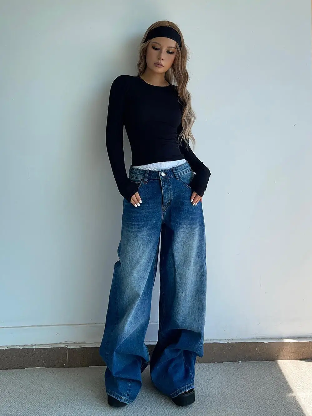 Design Sense Niche Splicing Waist Straight Tube Loose Wide Leg Washed Denim Pants American Style Summer Casual Pants 69JM