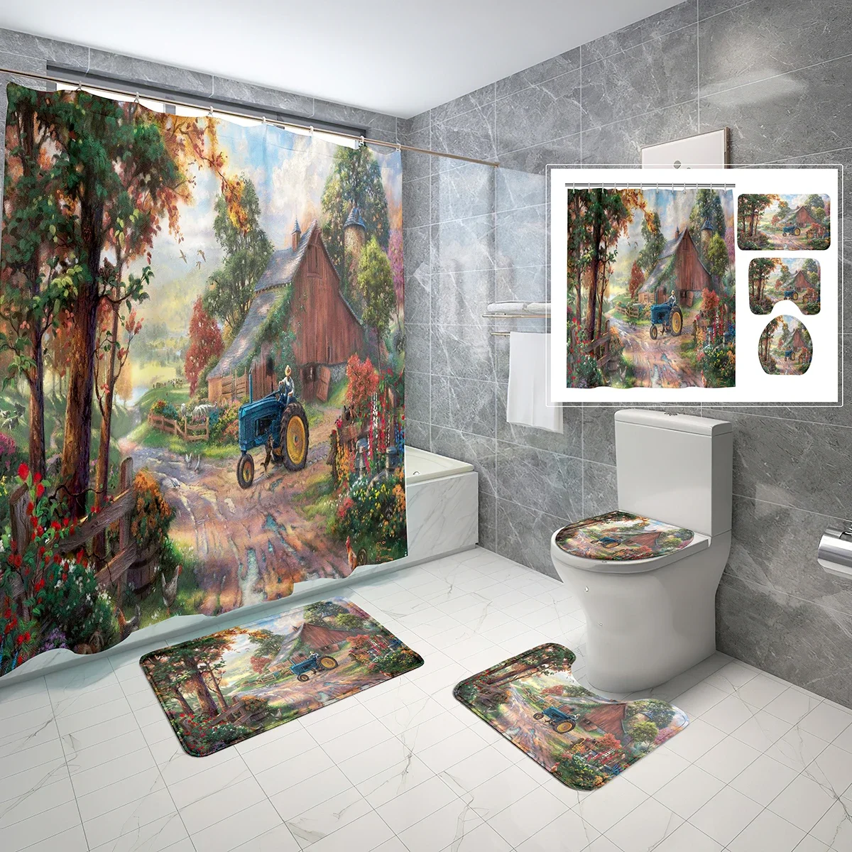 4 Pcs Farm Shower Curtain Sets with Toilet Lid Cover and Bath Mat Autumn Forest Flowers Tractors Bath Curtain Bathroom Sets