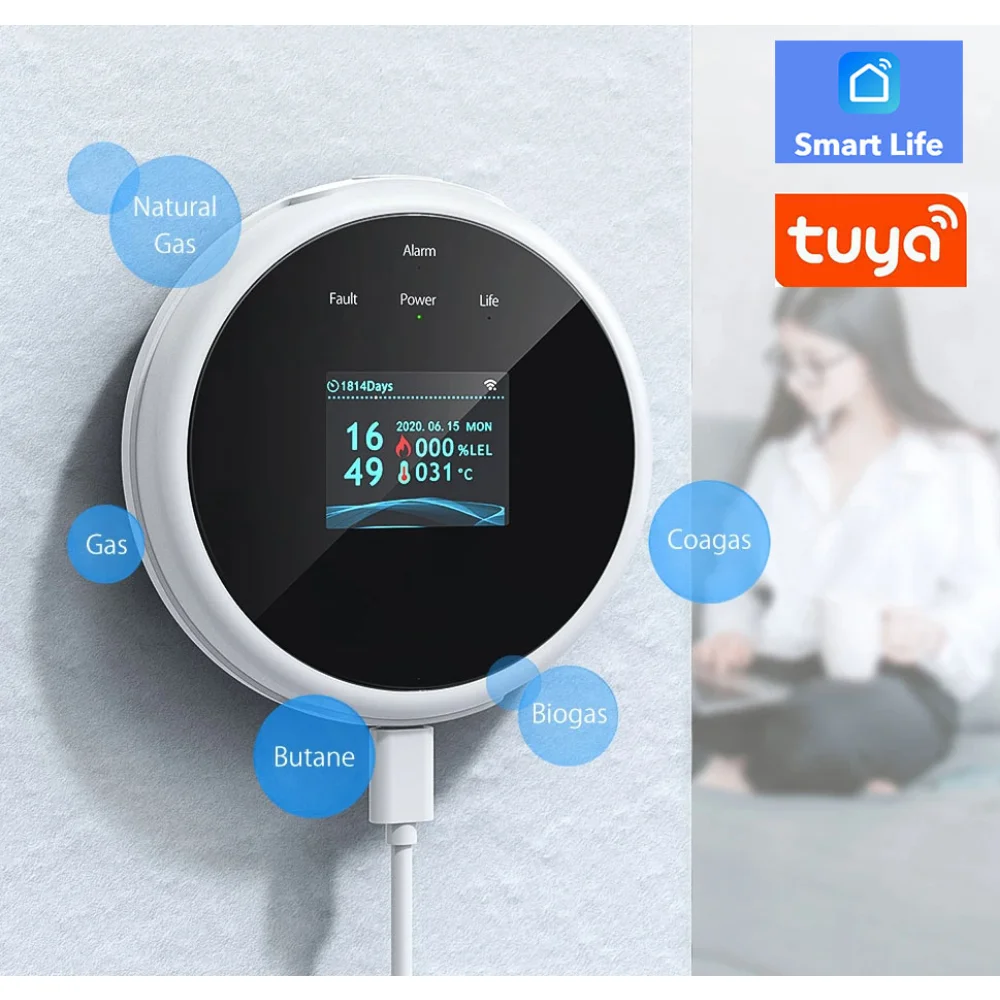 Tuya Intelligence Wireless LCD Display Time Level Display Led Natural Gas Sensors Combustible Wifi Gas Detector for Kitchen Safe
