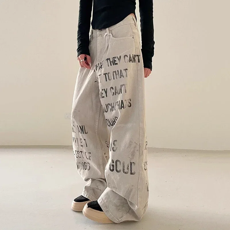 

Y2K Letters Print Women Jeans Korean Streetwear Fashion High Waist Loose Wide Leg Baggy Pants Bf Hip Hop Loose Straight Trousers