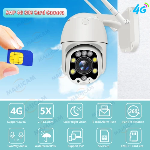 Imagen 2 del producto Cámara inalámbrica de 5MP con protección de seguridad, Tarjeta SIM 4G para exteriores, PTZ, WIFI, videovigilancia, Onvif, IR, visión nocturna, 30M, 2,5 pulgadas, Camhi