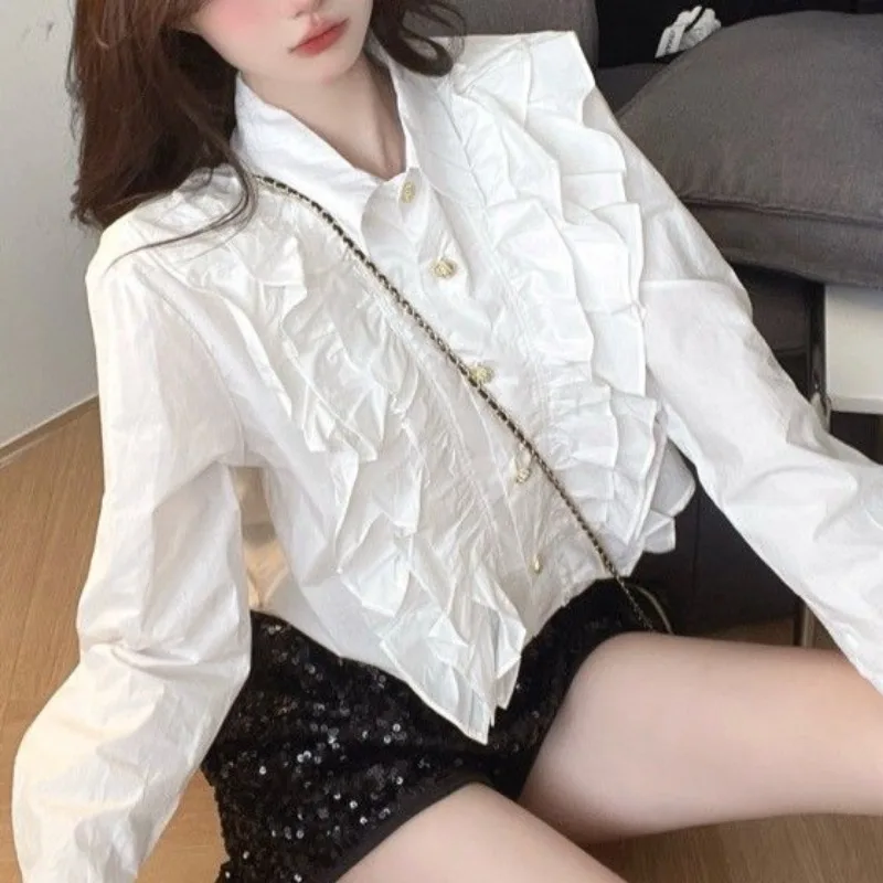 Chic Shirts for Women Turn-down Collar All-match Solid White Elegant Sweet Girls Design Spring Autumn Long Sleeve Korean Style