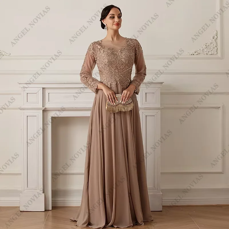 Robe mère de la mariée en mousseline de soie champagne, manches longues, robe de soirée de mariage, 85348