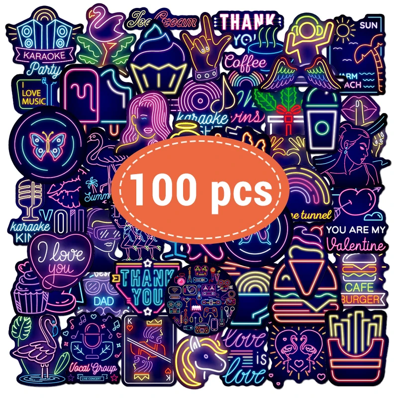 

100PCS Kawaii Neon Lamp Graffiti Stickers Cartoon Aesthetic DIY Stickers Laptop Luggage Skateboard Graffiti Decals Fun Kids Toys