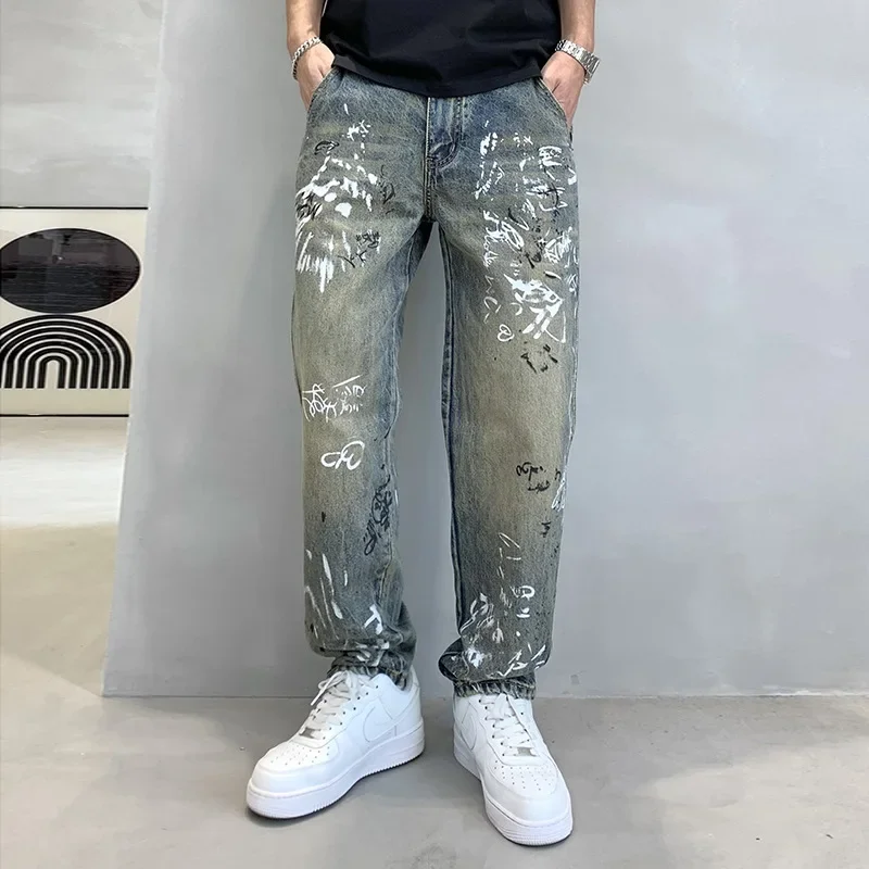 Trendy Brand Men's Jeans American StylewashingDistressedUnique Graffiti Printing Bell Bottoms Fashionable Streetwear Loose Fit