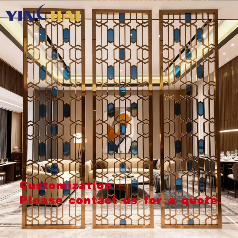 custom.Customization Salon Room Dividers Gold Glass and Stainless Steel Partition Restaurant Lobby Partition Design Project